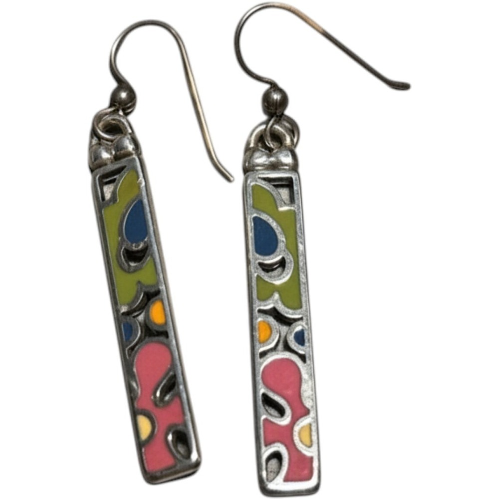 Colorful Art Deco Enamel Silver Tone Bar Drop Earrings Abstract Geometric Dangle